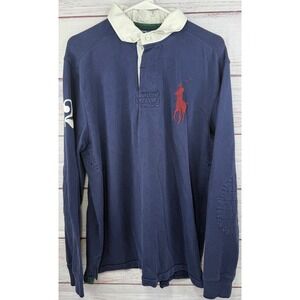 Polo Ralph Lauren Mens Navy Blue Big Pony Rugby Shirt Long Sleeve Custom Fit L